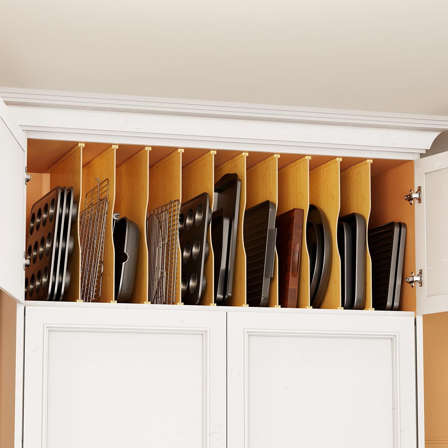 Kitchen Baking Sheet Organizer - 10er-Pack Bambus-Tablett-Organizer für Küchenschränke, Vertikaler Backblech-